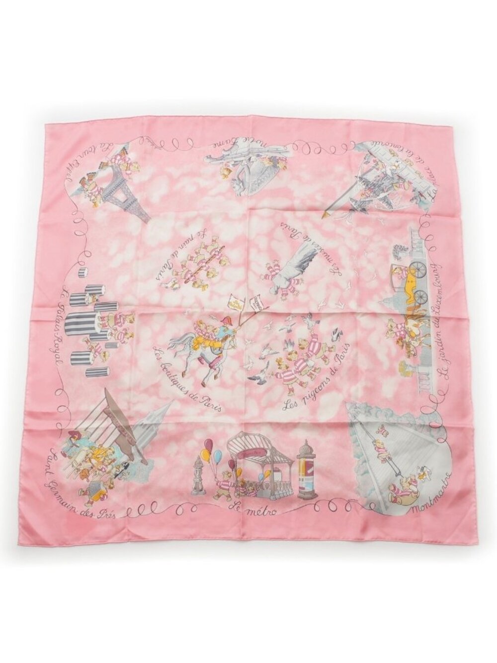 Hermes Carre 90 Silk les Triples de Paris Mischievous Triplets Scarf Pink